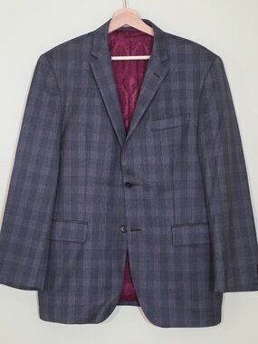 Sand Wool 100s Blazer Mens 52 L Gray Plaid Lined Single Breasted 2B Reda Fabric